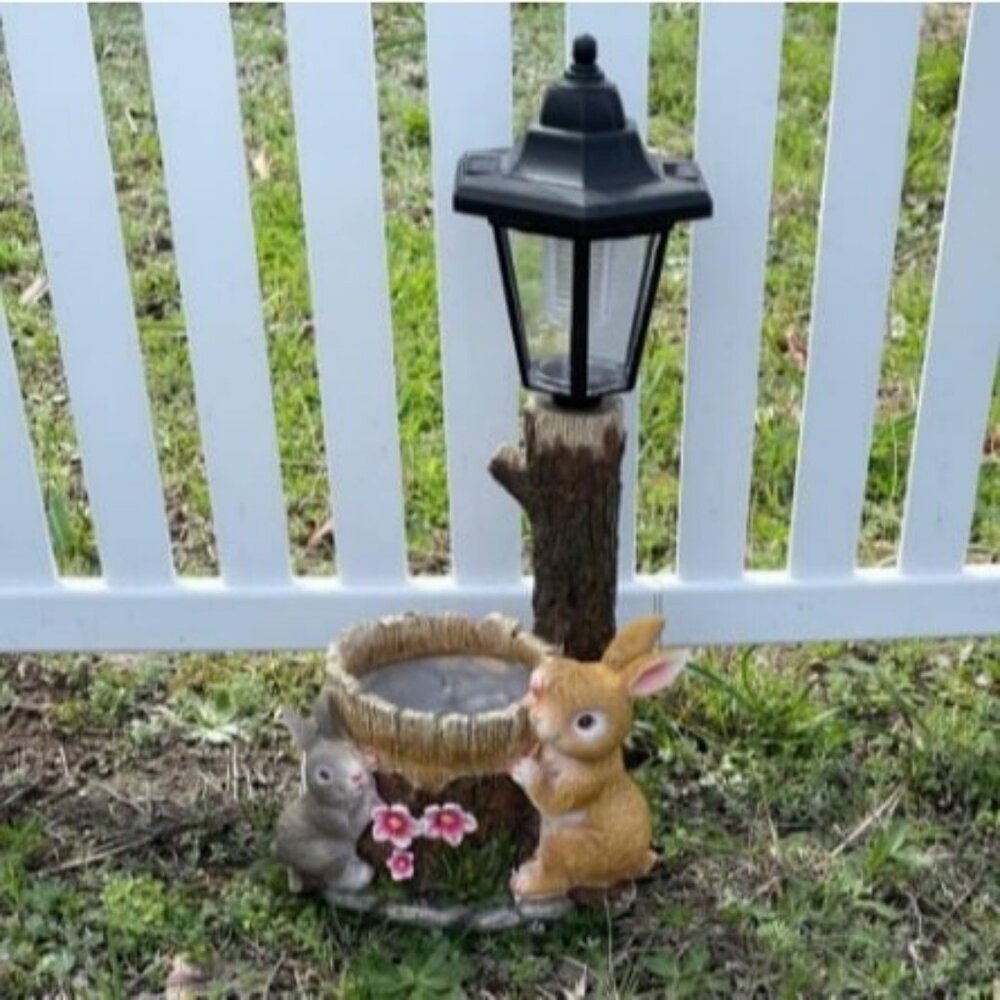 Outdoor Rabbits Flowerpot Garden Statues Sculpture Figurine Decor Solar Powered